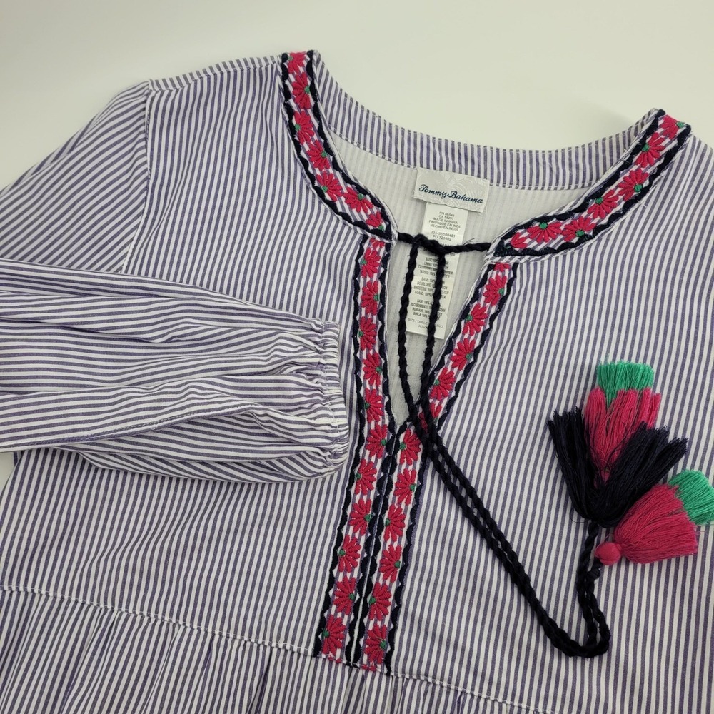Tommy Bahama Womens‎ XS Blue White Striped Embroidered Tassel Dress Beachy Boho